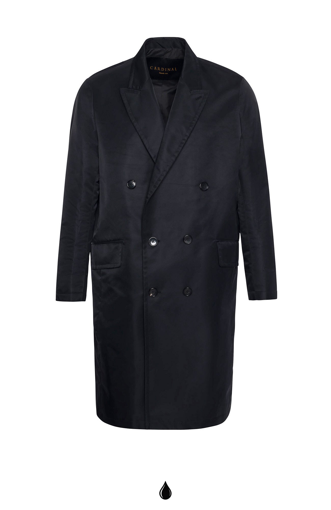 LEO BLACK DOUBLE BREAST RAINCOAT 41.5 INCH LENGTH