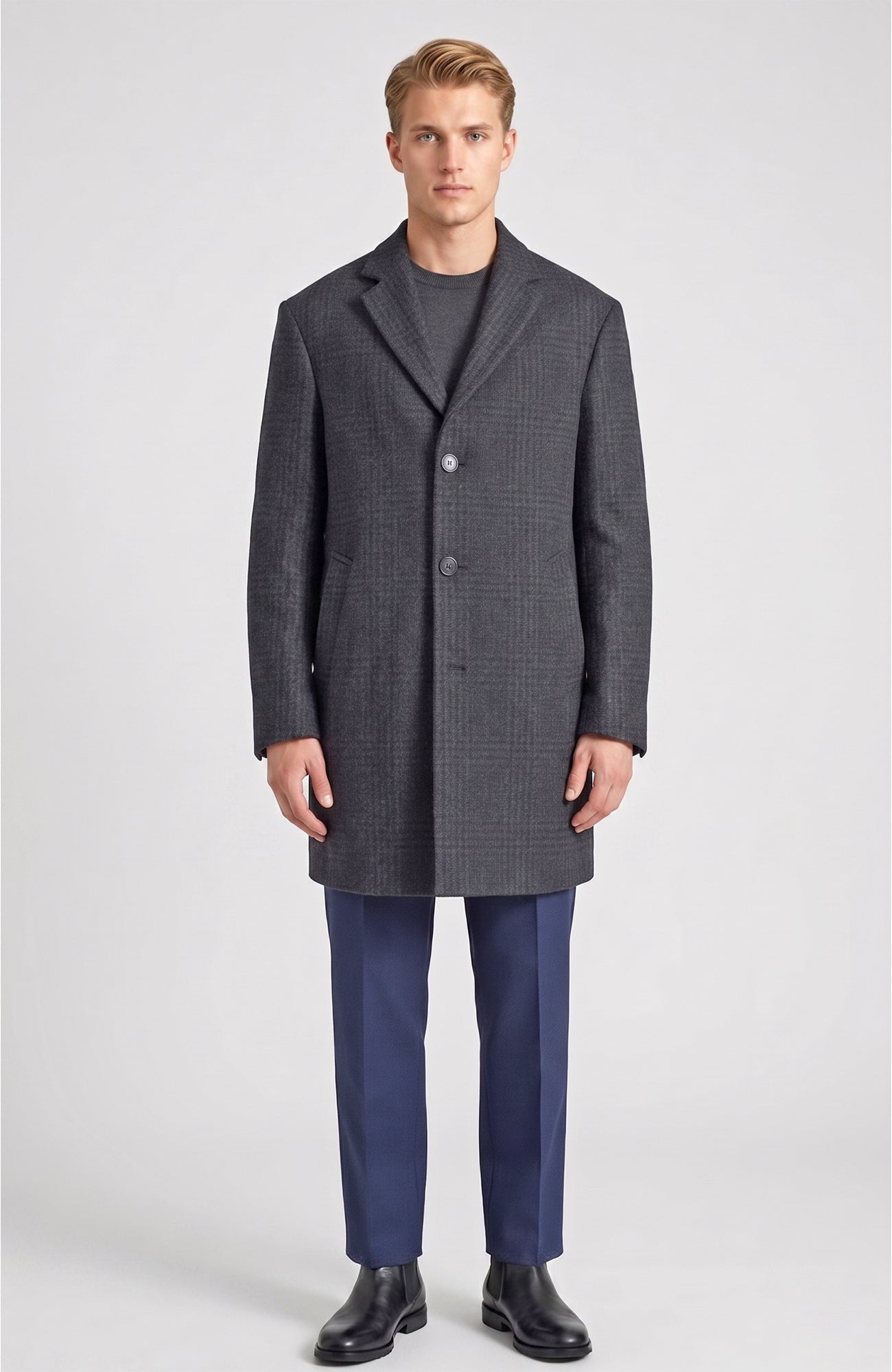 Sherwood Navy Plaid Wool Topcoat - MENS - Cardinal of Canada - US - Sherwood Navy Plaid Wool Topcoat