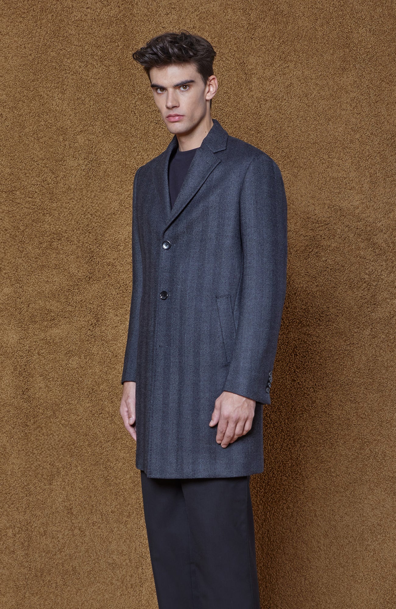 STEDWELL CHARCOAL HERRINGBONE WOOL TOPCOAT