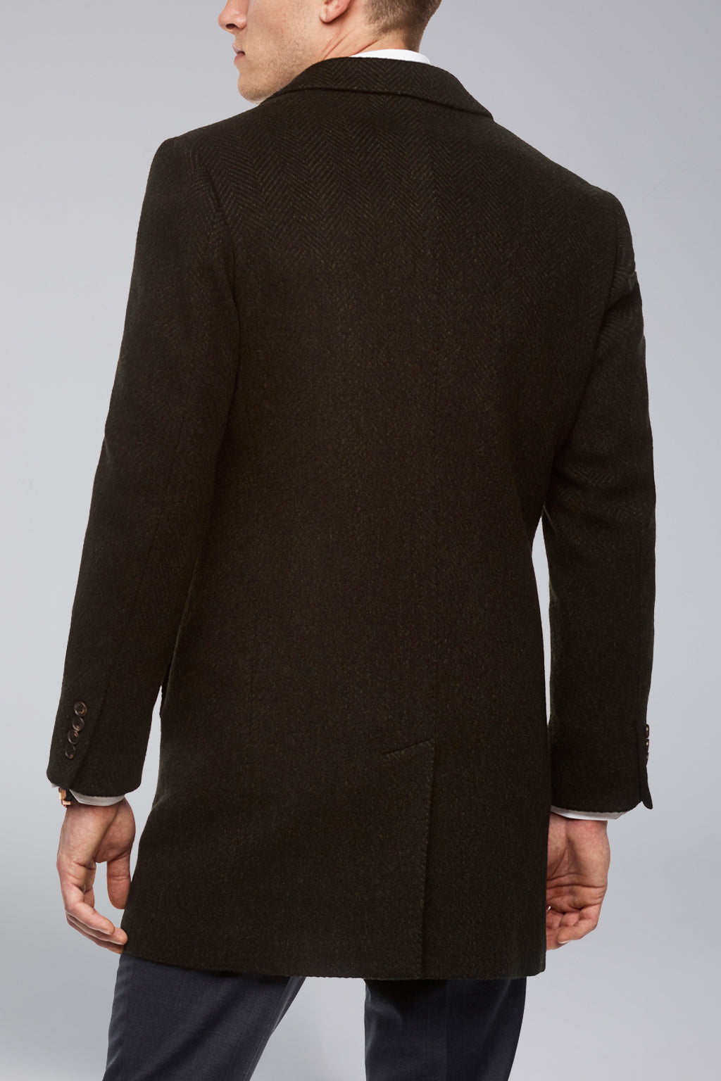 Stone Slim Fit Wool Overcoat - Navy-Olive Herringbone