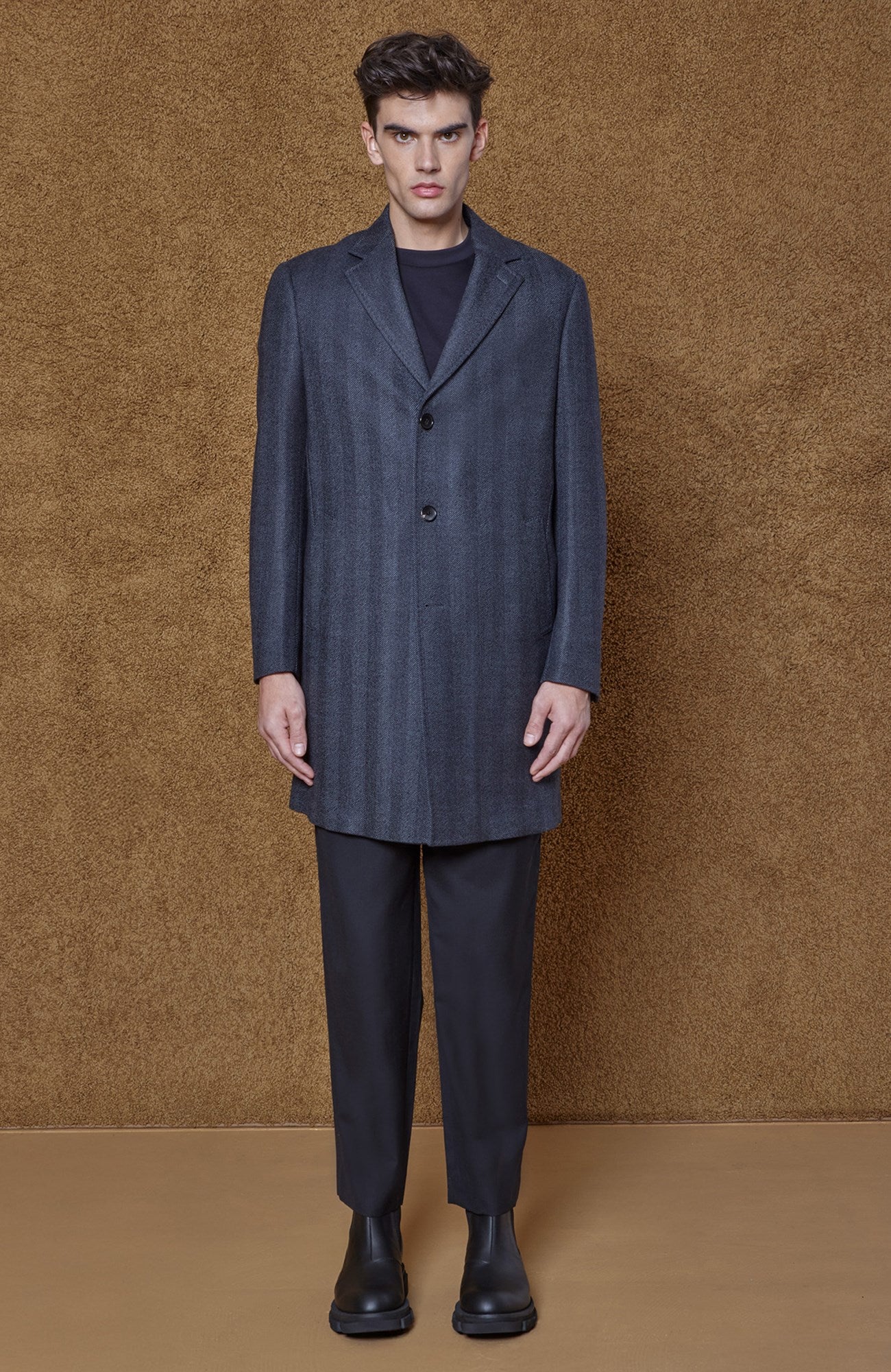 STEDWELL CHARCOAL HERRINGBONE WOOL TOPCOAT