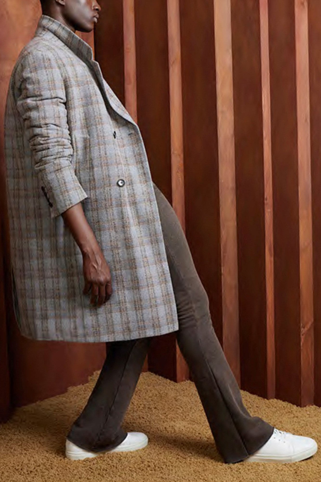 MAINE GREY PLAID DOUBLE BREAST OVERCOAT