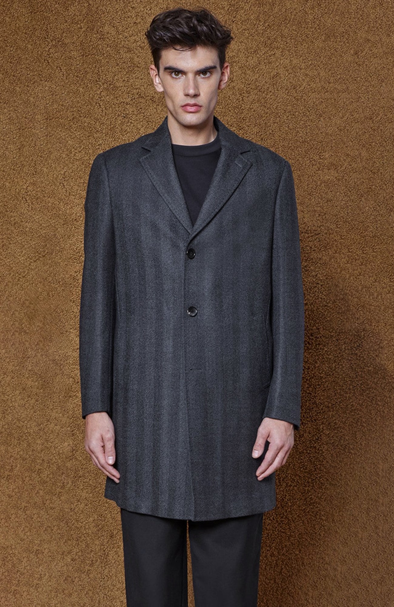 Stedwell Charcoal Herringbone Wool Topcoat