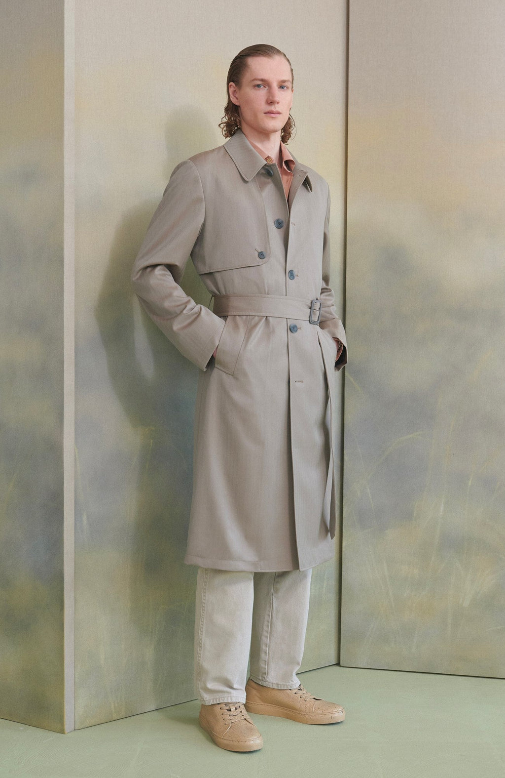 MAN-RAY KHAKI HERRINGBONE WOOL TRENCH COAT